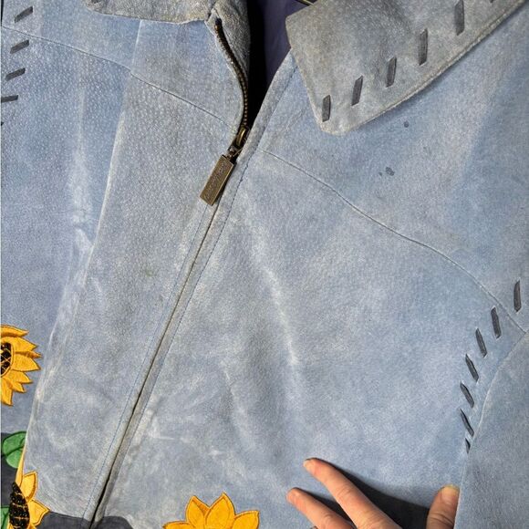 Quacker Factory large 100% leather Blue and Gray sunflower summer Jacket - Picture 3 of 5